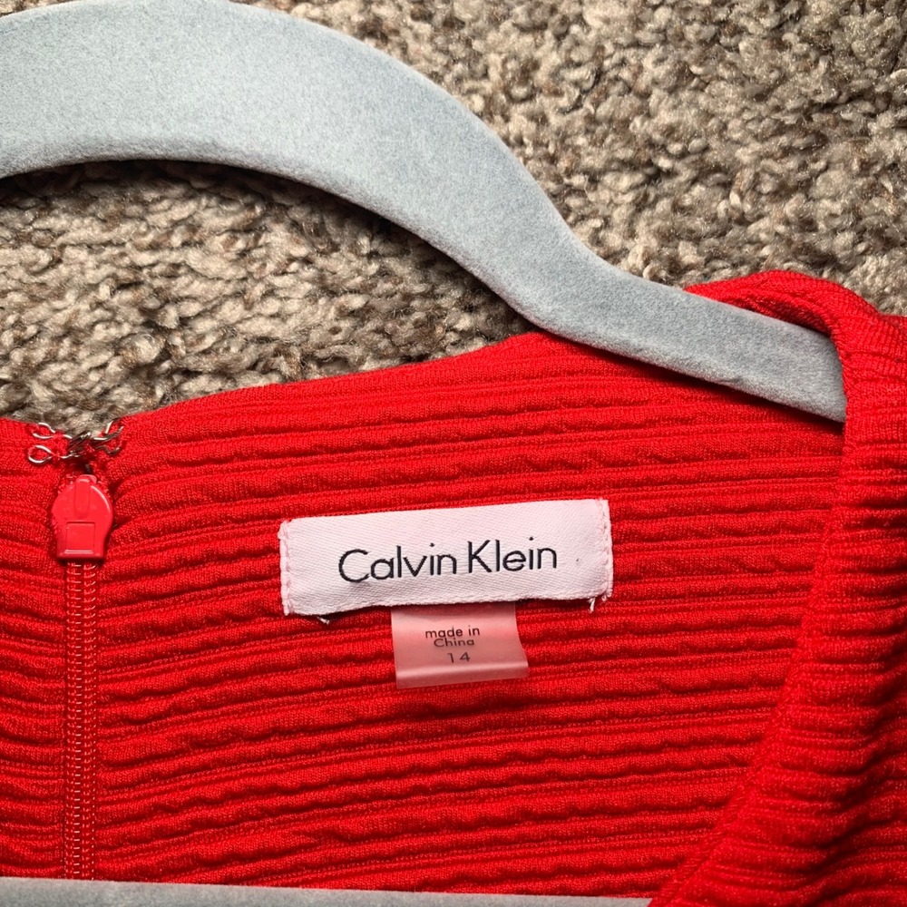 Calvin Klein Womens Red Ribbed Fit and Flare 3/4 Sleeve Dress CDJ00343 Size 14 - Picture 2 of 11